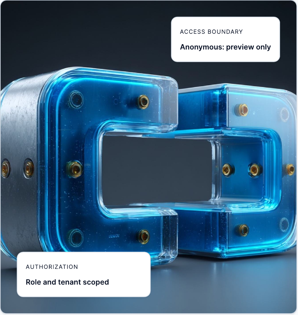 transparent blue access-control hardware representing governed digital twin permissions